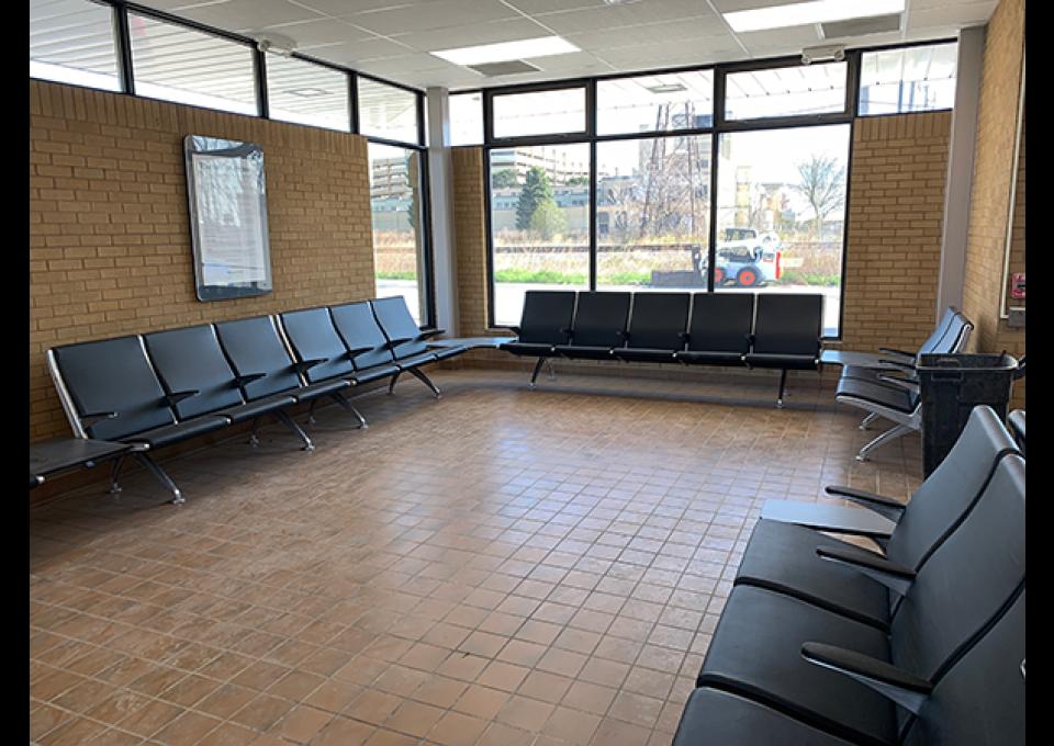 Interior of the commuter station with public seating.