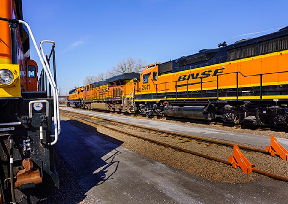 Train locomotive on outbound storage tracks.