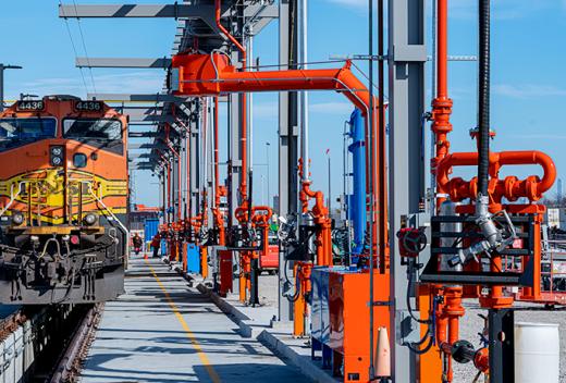 Locomotive car on fueling and maintenance track.
