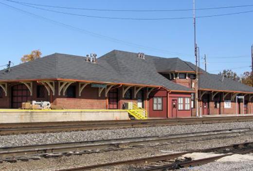 Gainesville train station as seen from railroad track.