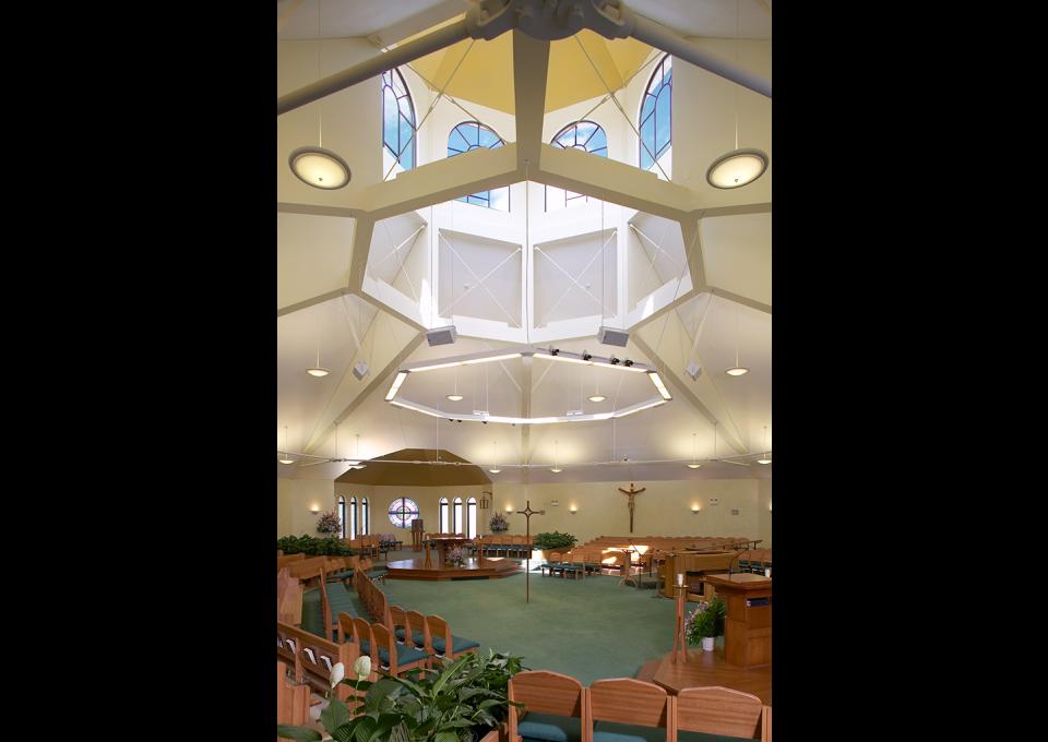 Interior worship space, octagonal skylight with eight arched windows.