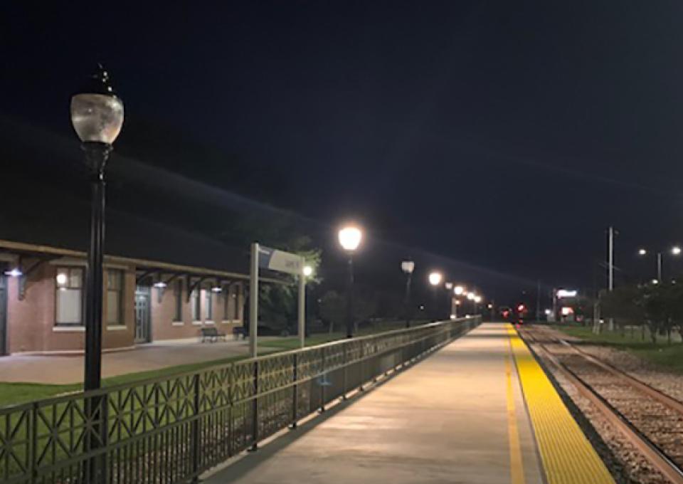 The new concrete platform is seen at night.