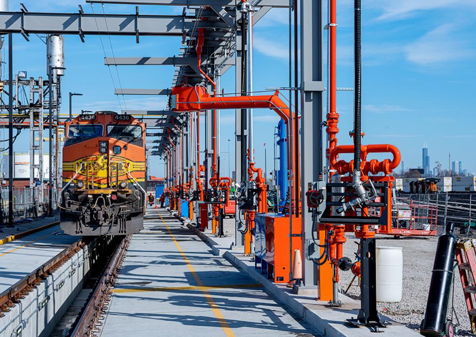 Locomotive car on fueling and maintenance track.
