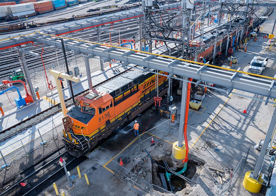Ariel view of locomotive car on maintenance track.
